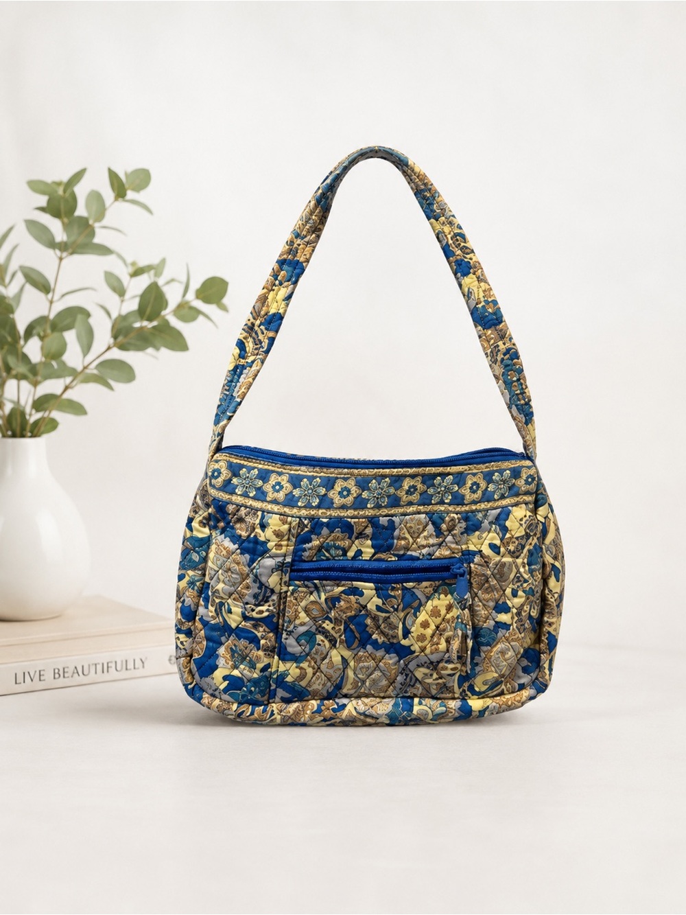 Floral Quilted Shoulder Bag - Blue and Yellow